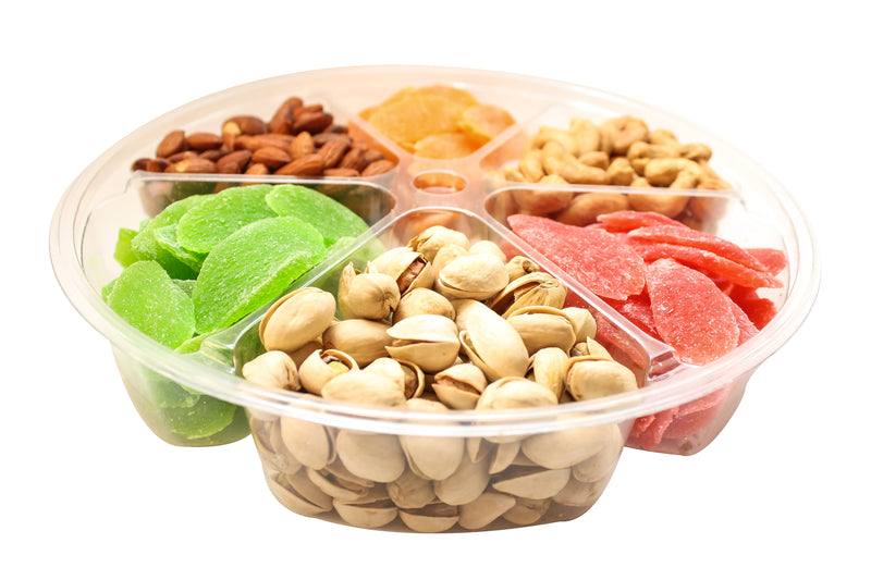6 Section Gift Tray - Dried Fruits and Nuts Collection - Almonds, Cashews, Pistachios, Candied Mango