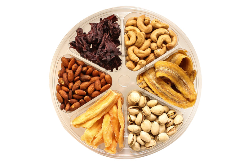 6 Section Gift Tray - Dried Fruits and Nuts Collection - Almonds, Cashews, Pistachios, Dried Hibiscus, Dried Banana & Dried Cantaloupe
