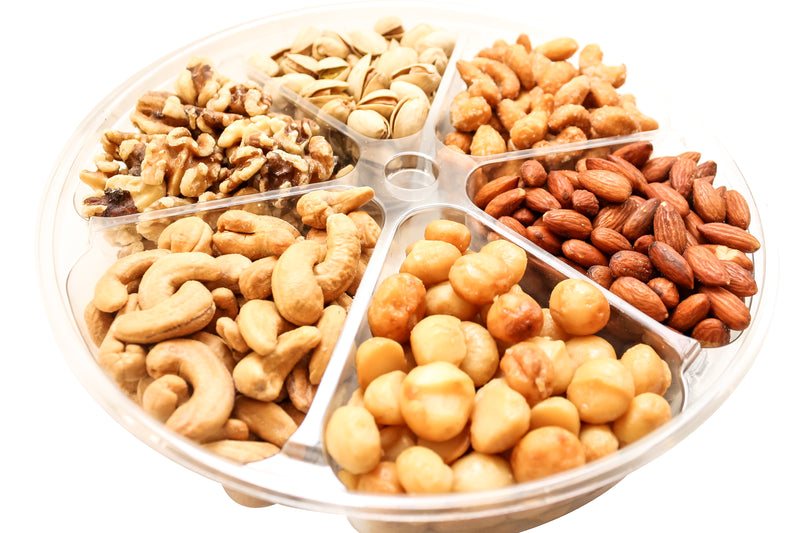 6 Section Gift Tray - Nuts Collection - Almonds, Pistachios, Macadamias, Walnuts, Cashews & Honey Glazed Cashews