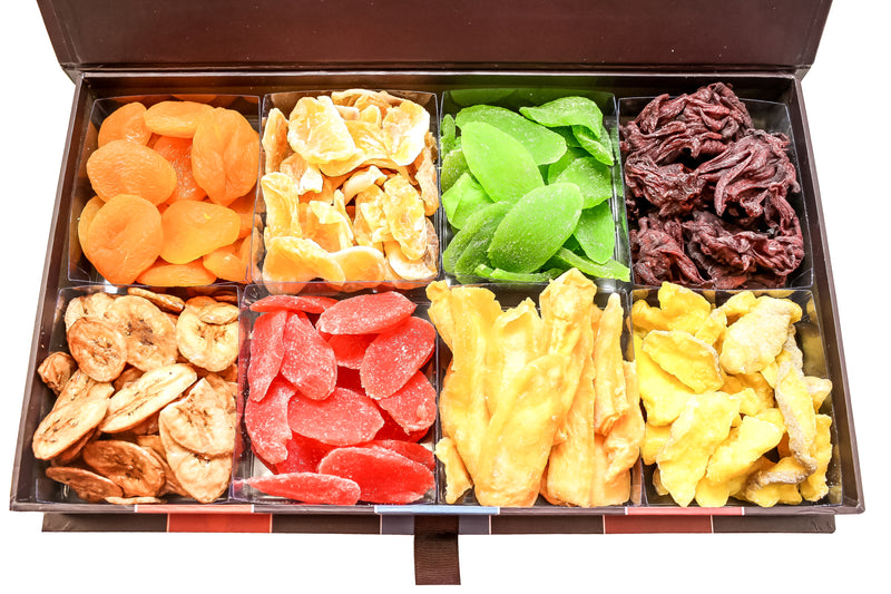 8 Section Gift Box Platter - Dried Fruits Collection - Apricots, Tangerines, Pineapple, Hibiscus, Plantains, Cantaloupe, Banana